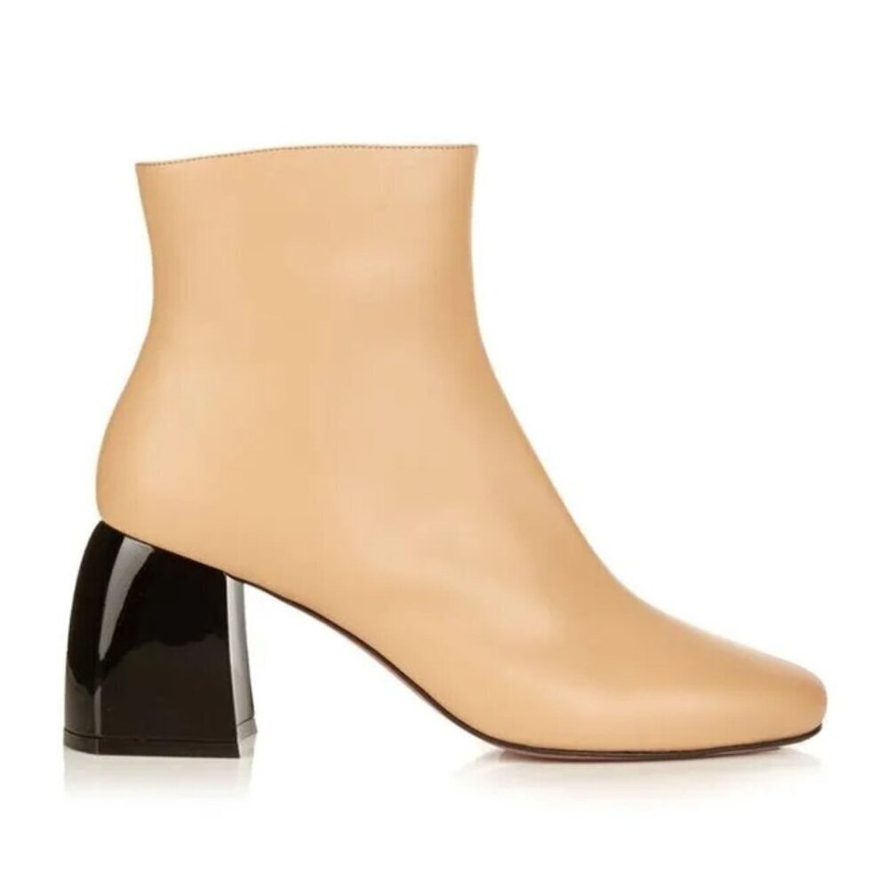 SportMax Beige Ankle Boots Black Block Heel Sleek Minimalist Pointed Toe 37.5 - Picture 2 of 14